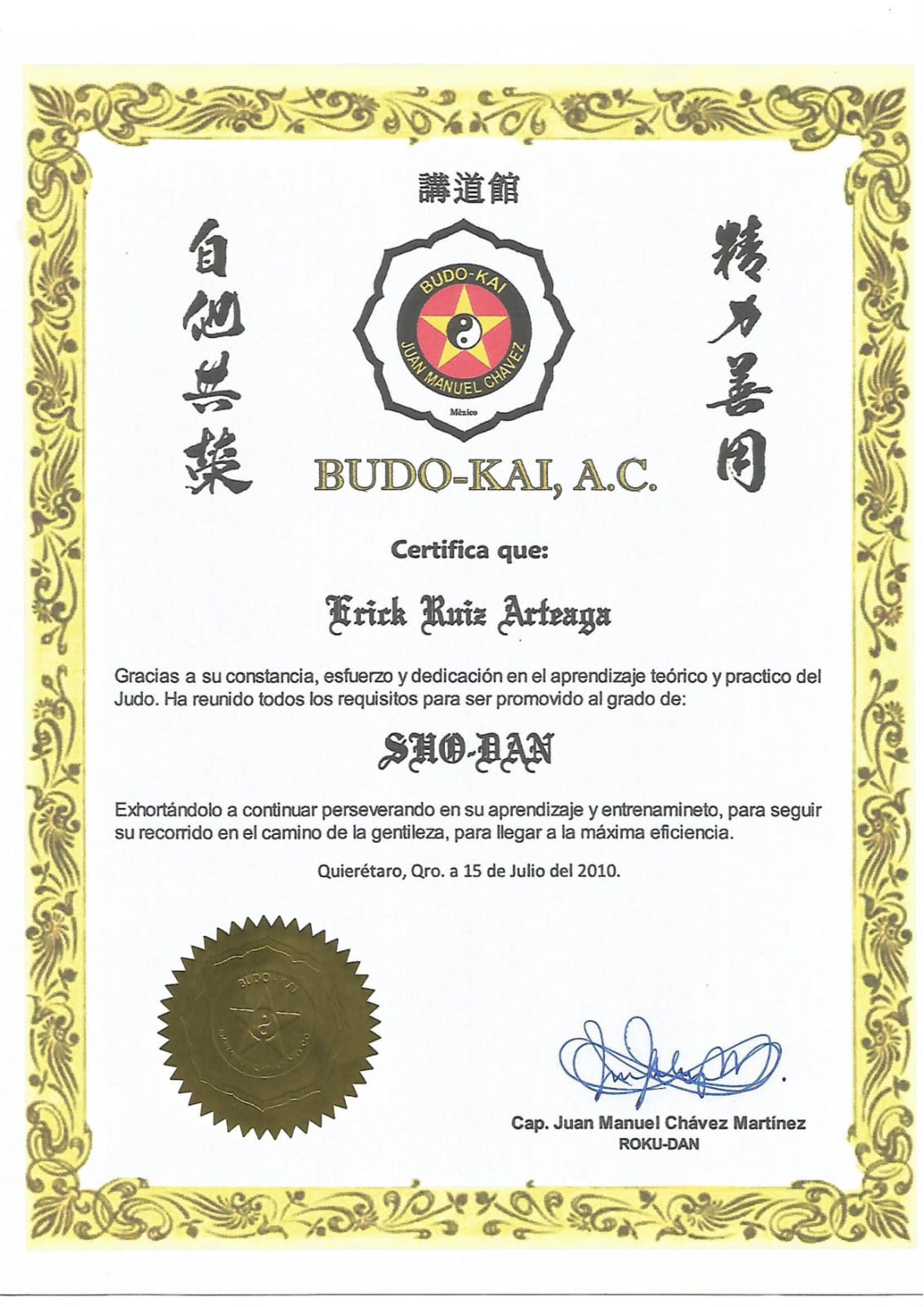 Certificado de cinturón negro Sho-Dan del Prof. Erick Ruiz Arteaga, emitido por Budo-Kai, A.C.