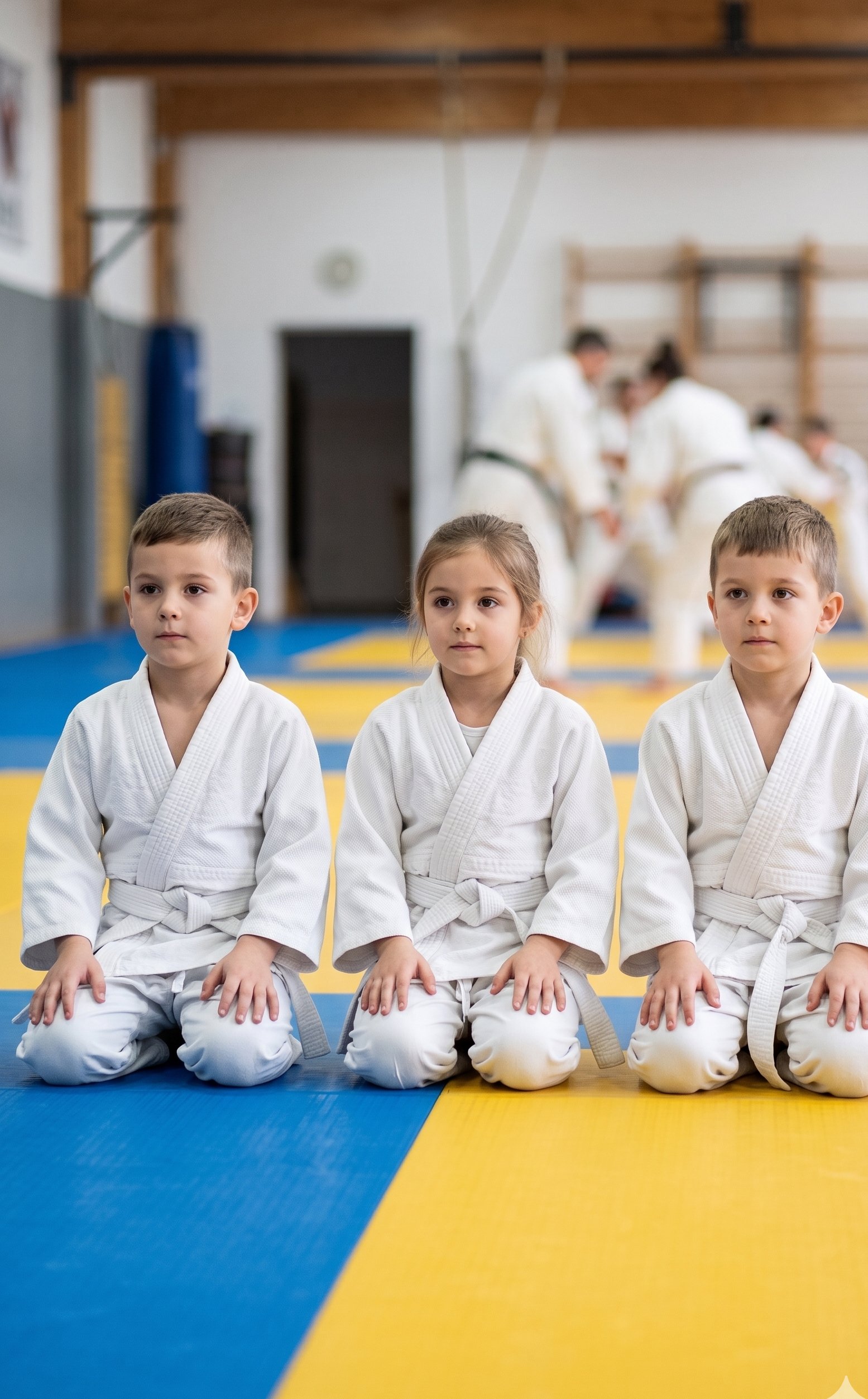 Niños de 4 a 12 años con judogi blanco en clase de judo infantil del Club ERA, San Ángel Inn, CDMX