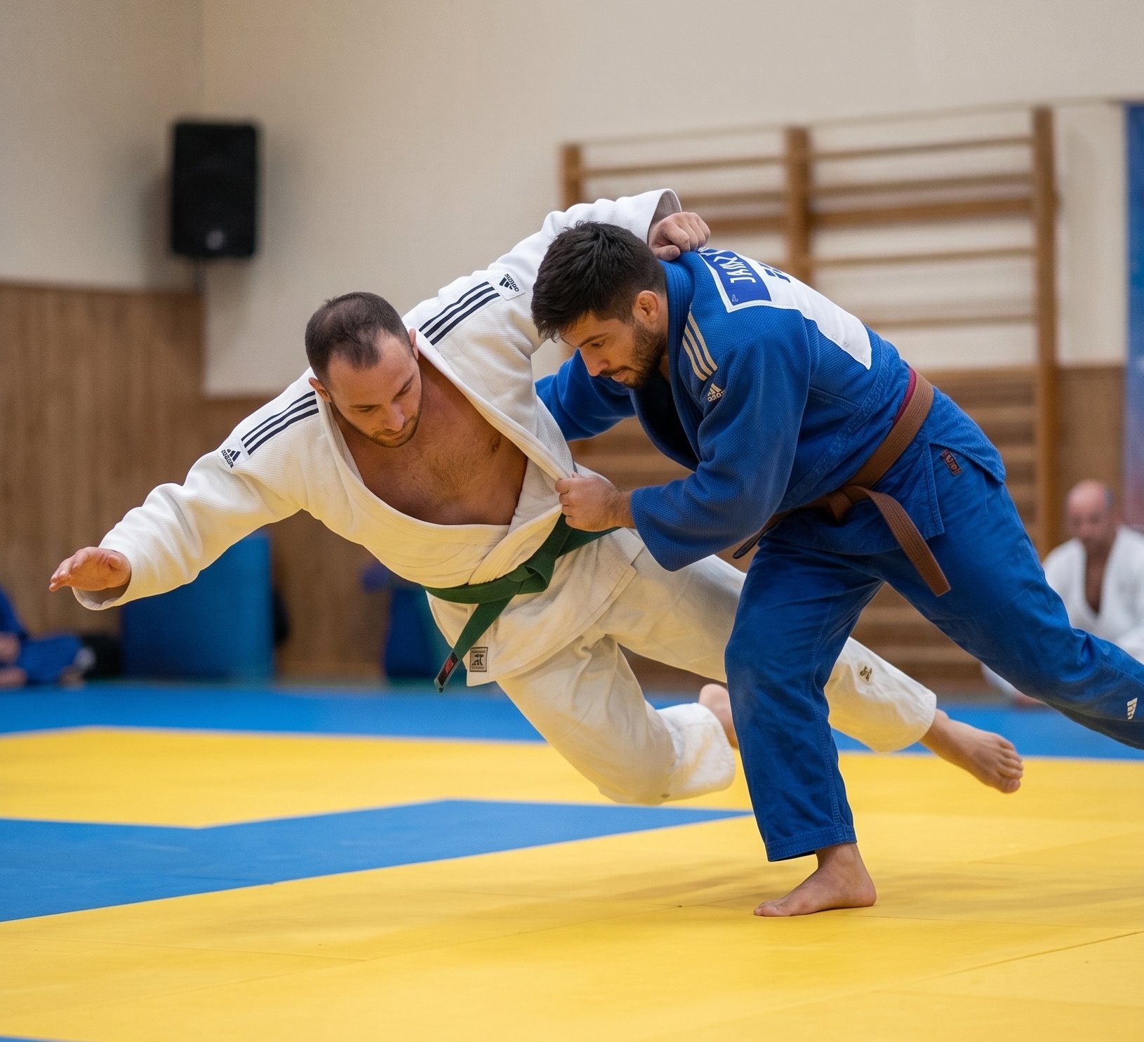 Randori de judo entre dos adultos con judogi blanco y azul en el Club ERA de Ciudad de México